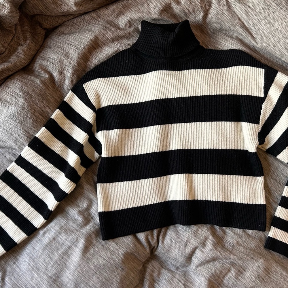 Striped Black and White Turtleneck Sweater